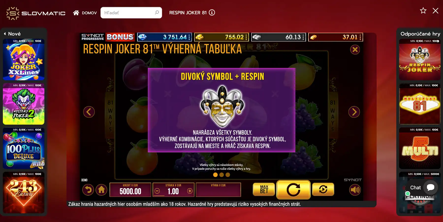 Respin Joker 81 Slovmatic casino
