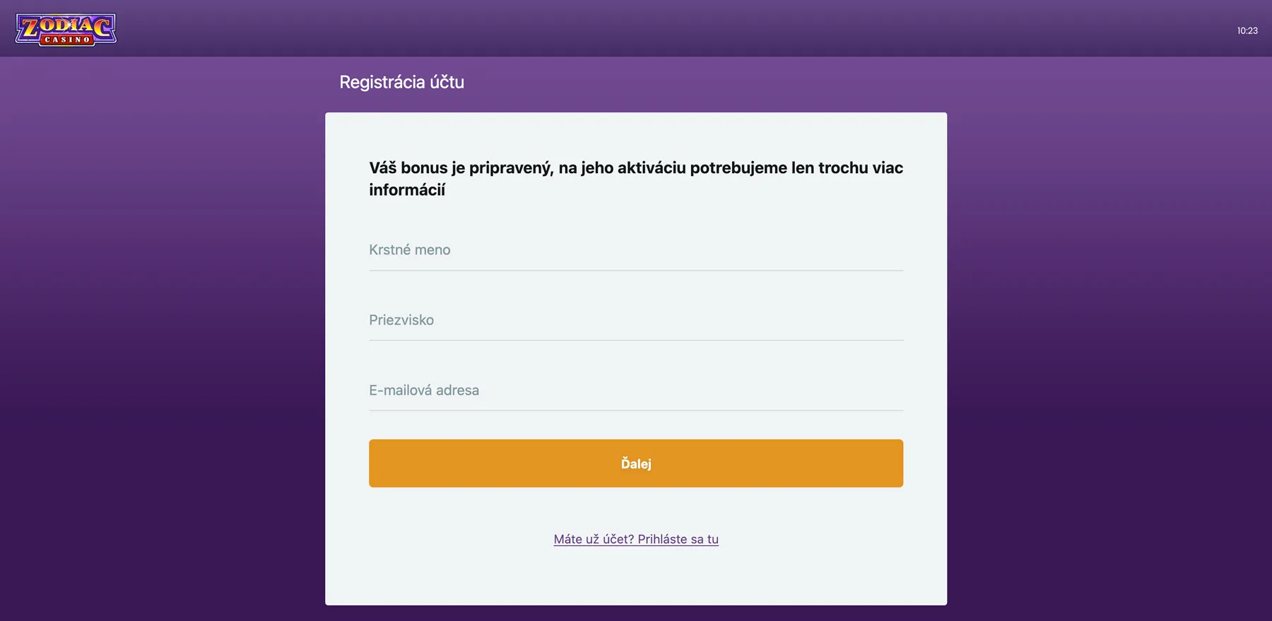 Zodiac Casino registrácia