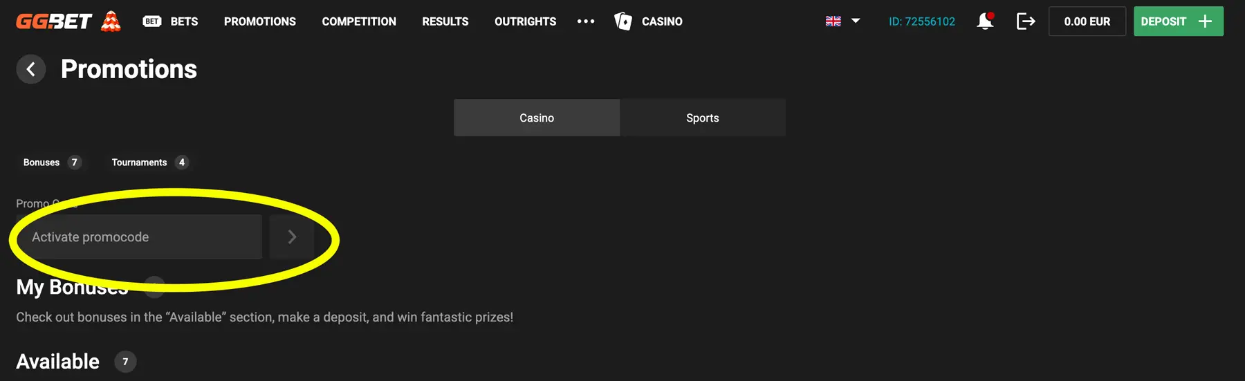 GGbet casino bonus code