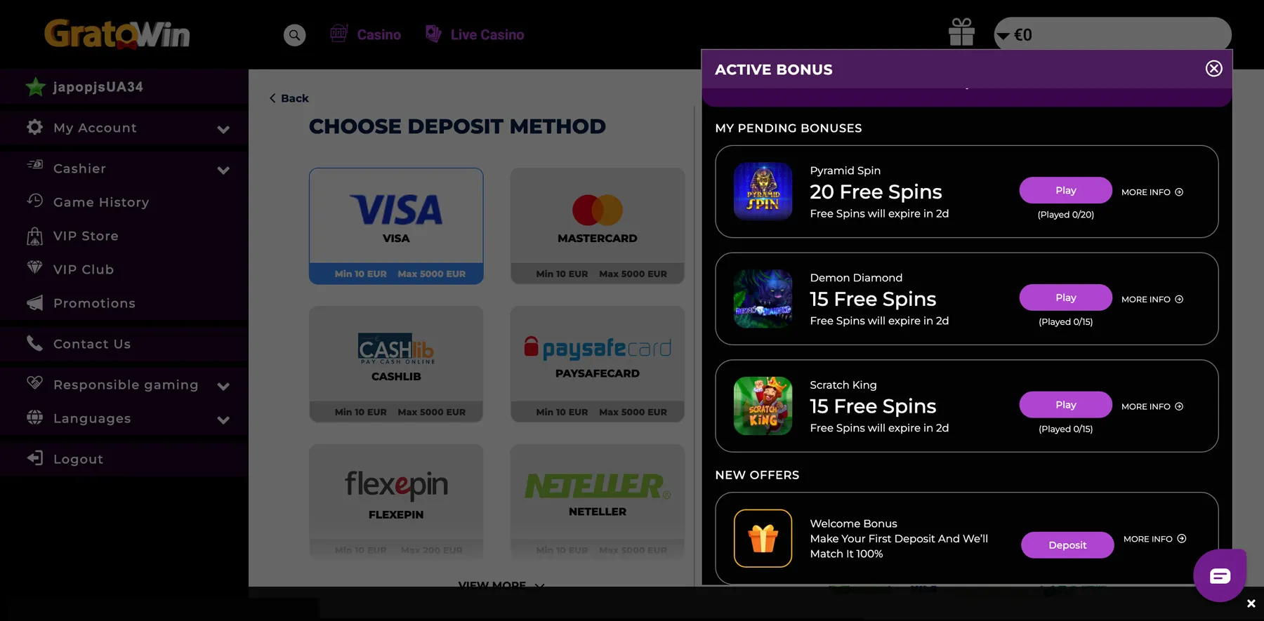 GratoWin casino 50 free spins