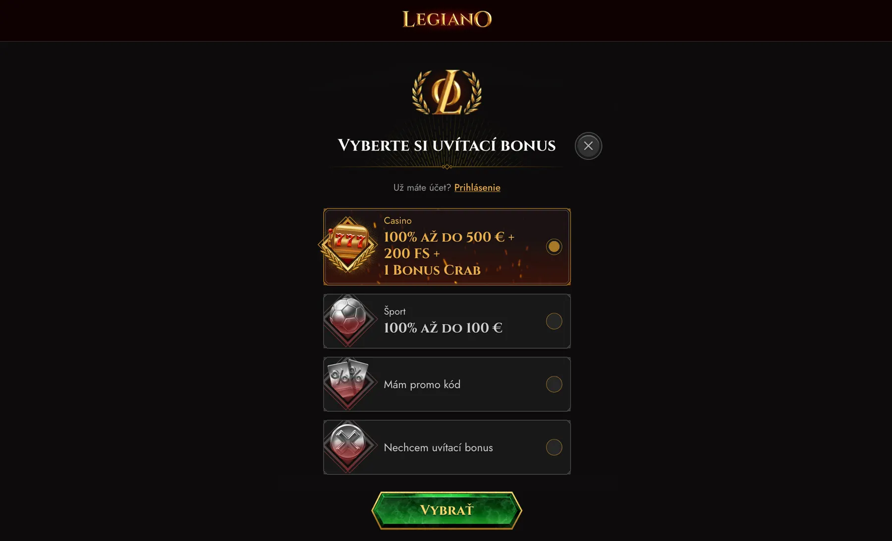 Legiano casino vstupný bonus