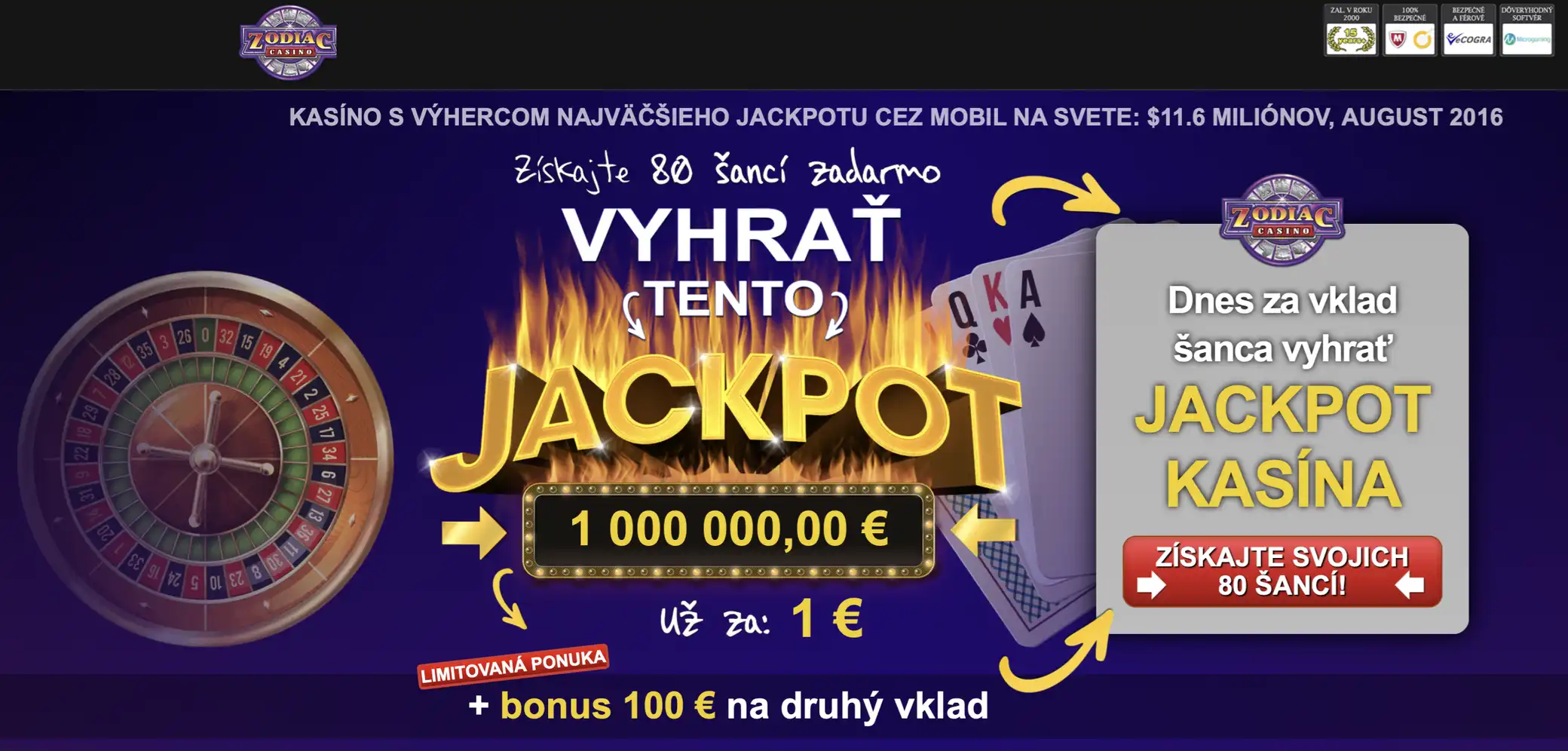 Skrill casino Zodiac miliónový jackpot