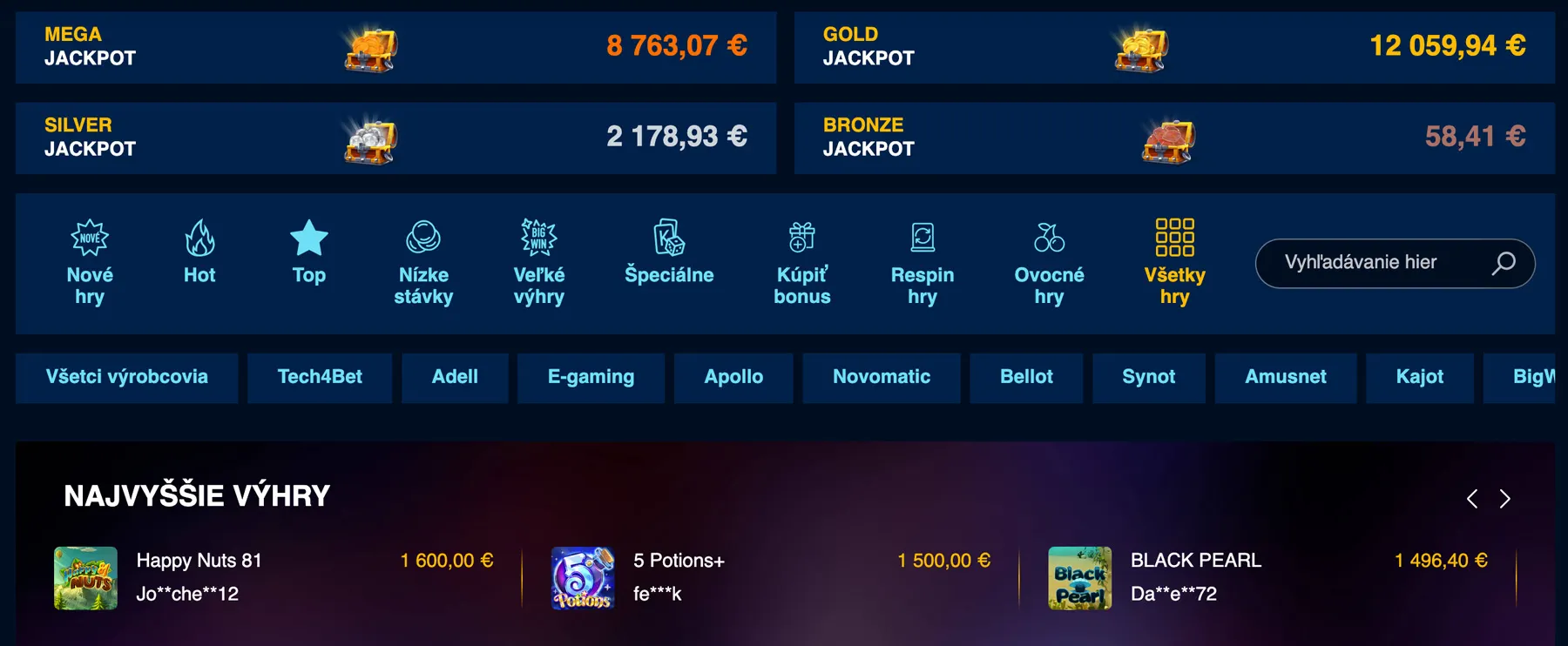 Admiral Casino herná lobby s najvyššími výhrami a kategóriami hier