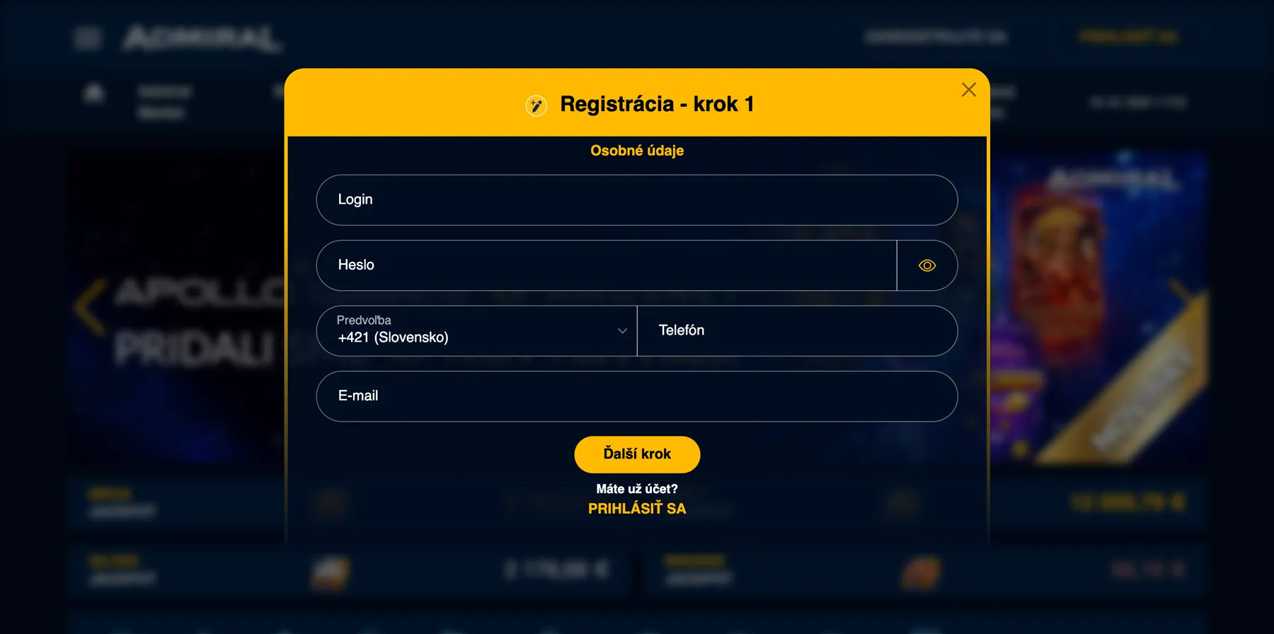 Admiral Casino registračný formulár - krok 1 osobné údaje