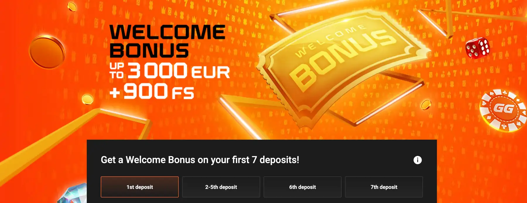 GGBet welcome bonus až 3000 EUR a 900 free spinov na prvých 7 vkladov