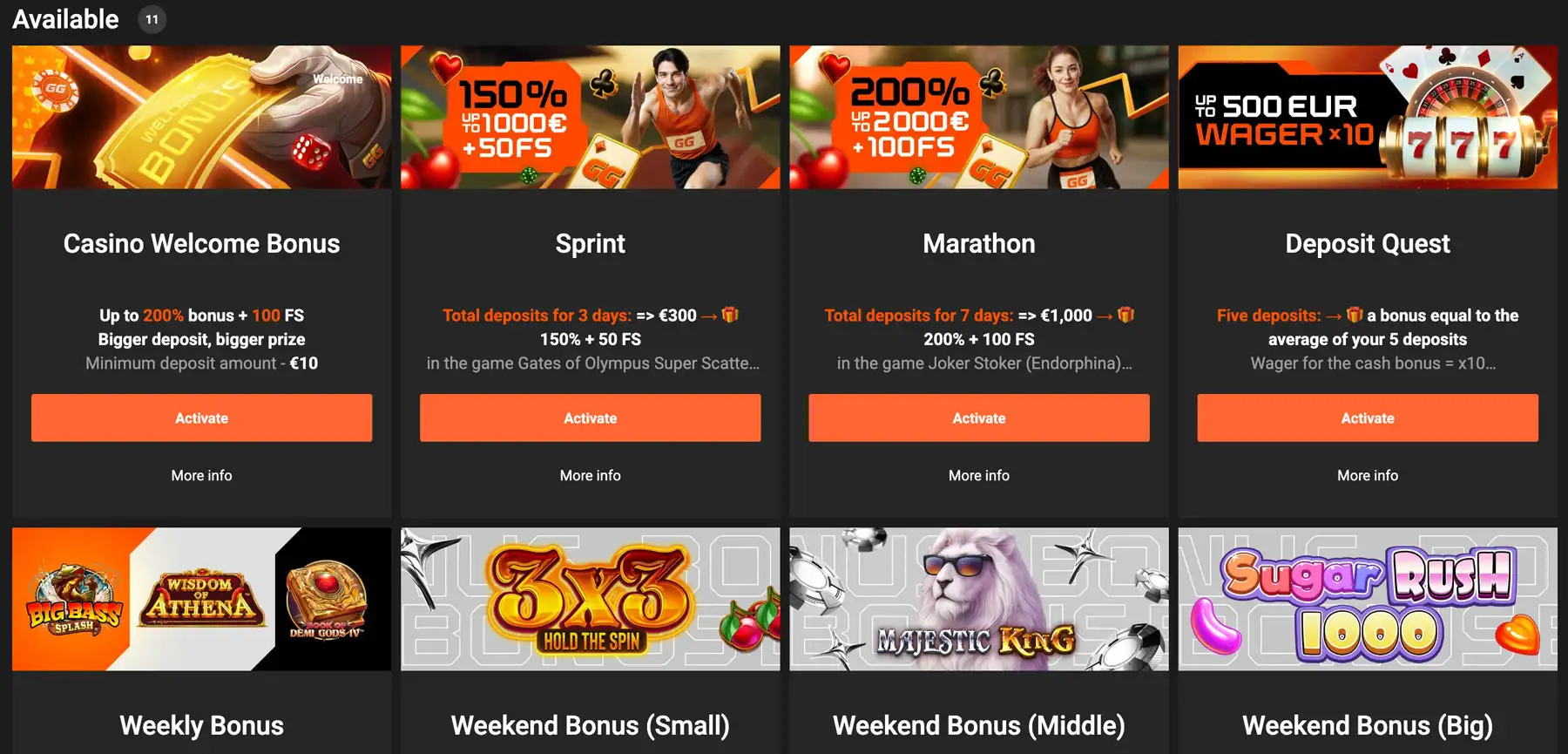 GGBet bonusové ponuky - casino welcome bonus, sprint, marathon a deposit quest