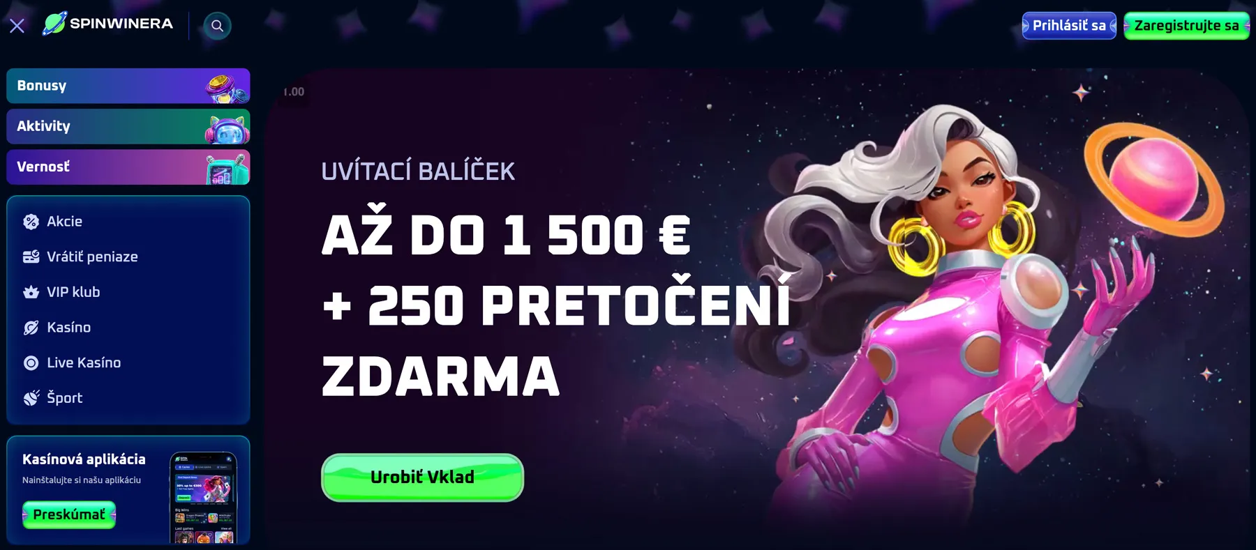 Spinwinera Casino uvítací bonus až do 1500 € + 250 pretočení zdarma