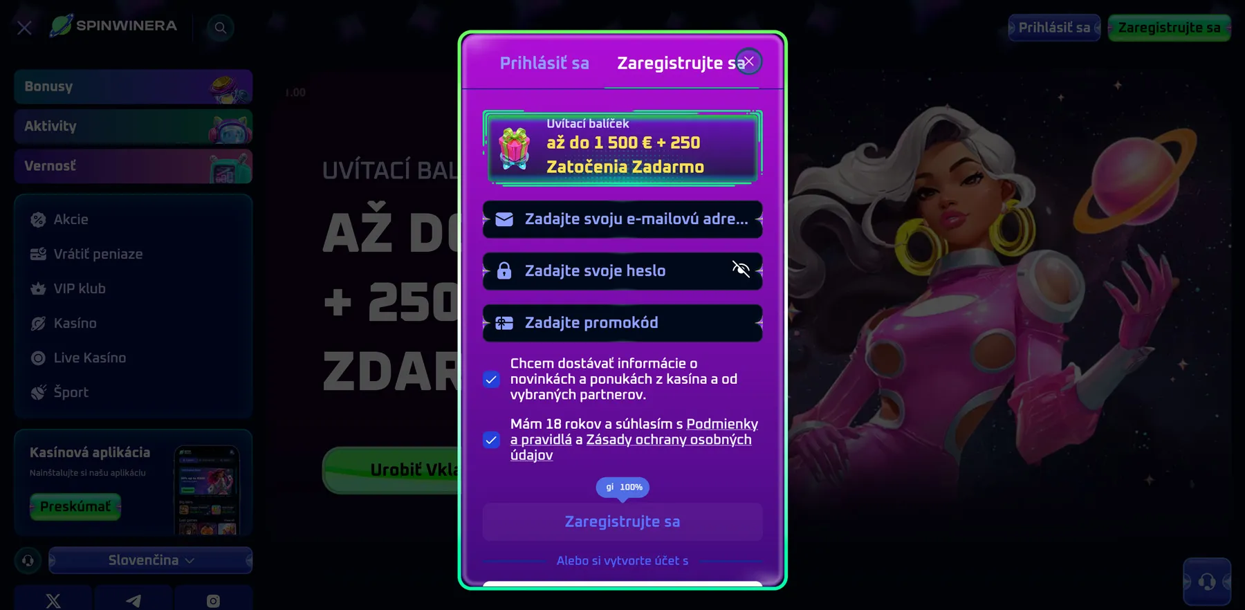Spinwinera Casino registračný formulár s uvítacím bonusom až do 1500 € + 250 zatočení zadarmo