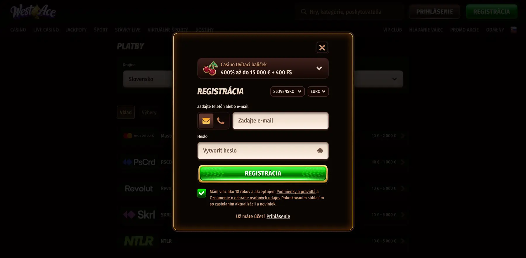 Westace casino registrácia a prihlásenie