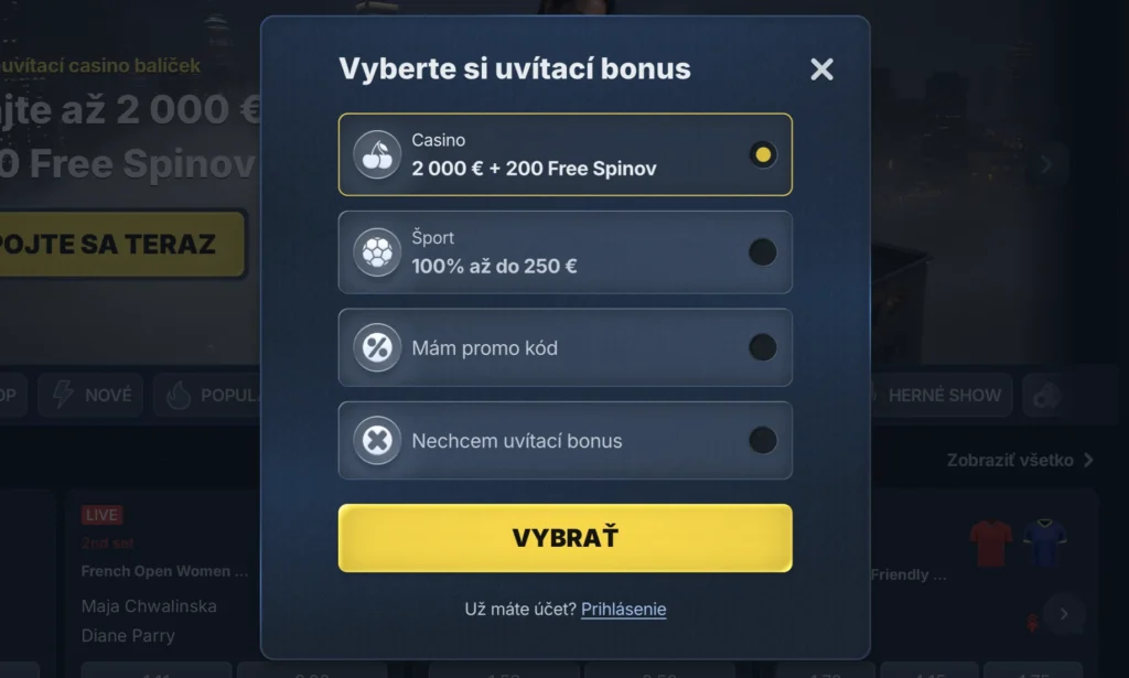 výber bonusov počas registrácie v BetRepublic Casino
